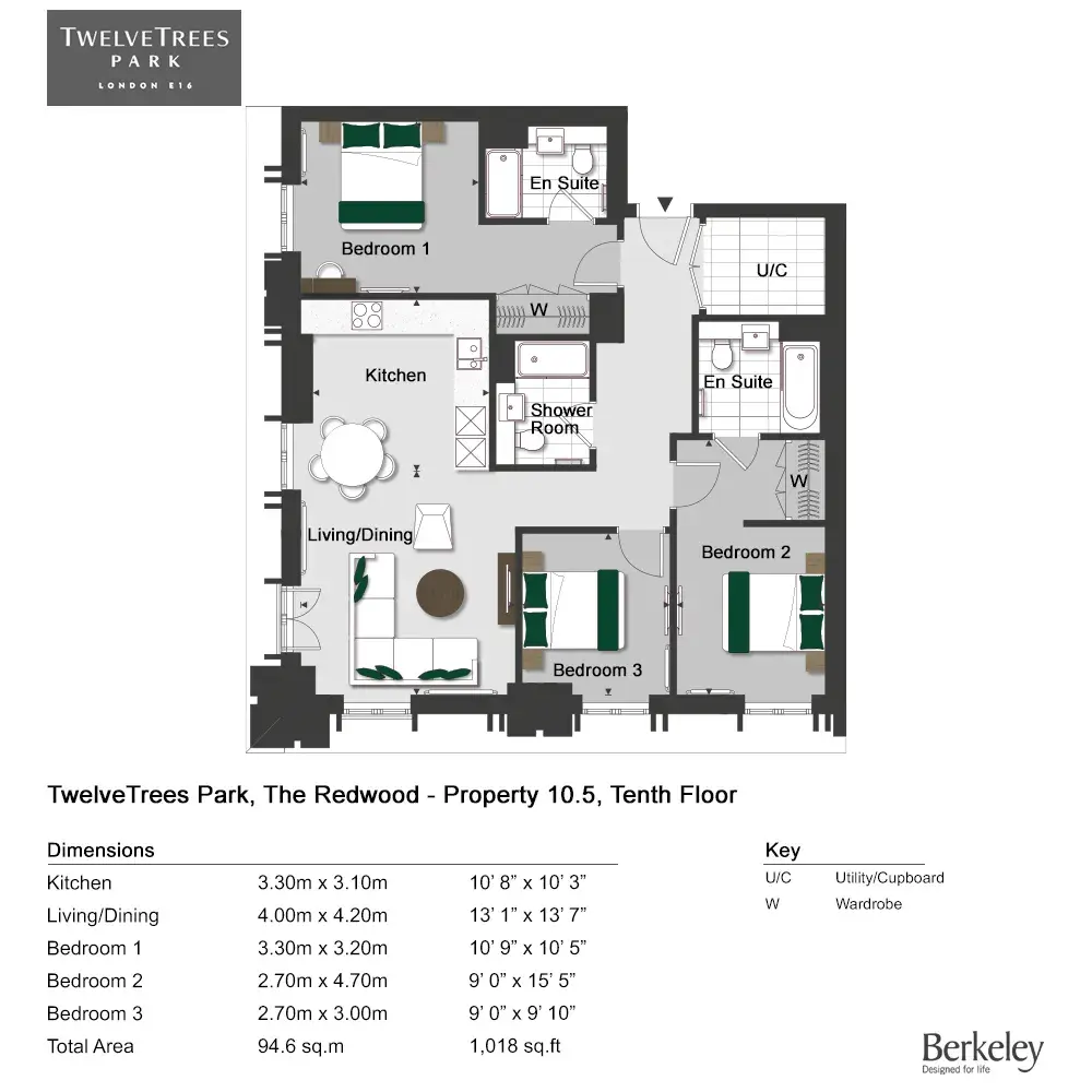 Floor plan — 3 Bedroom Apartment for Sale West Ham London TwelveTrees Park