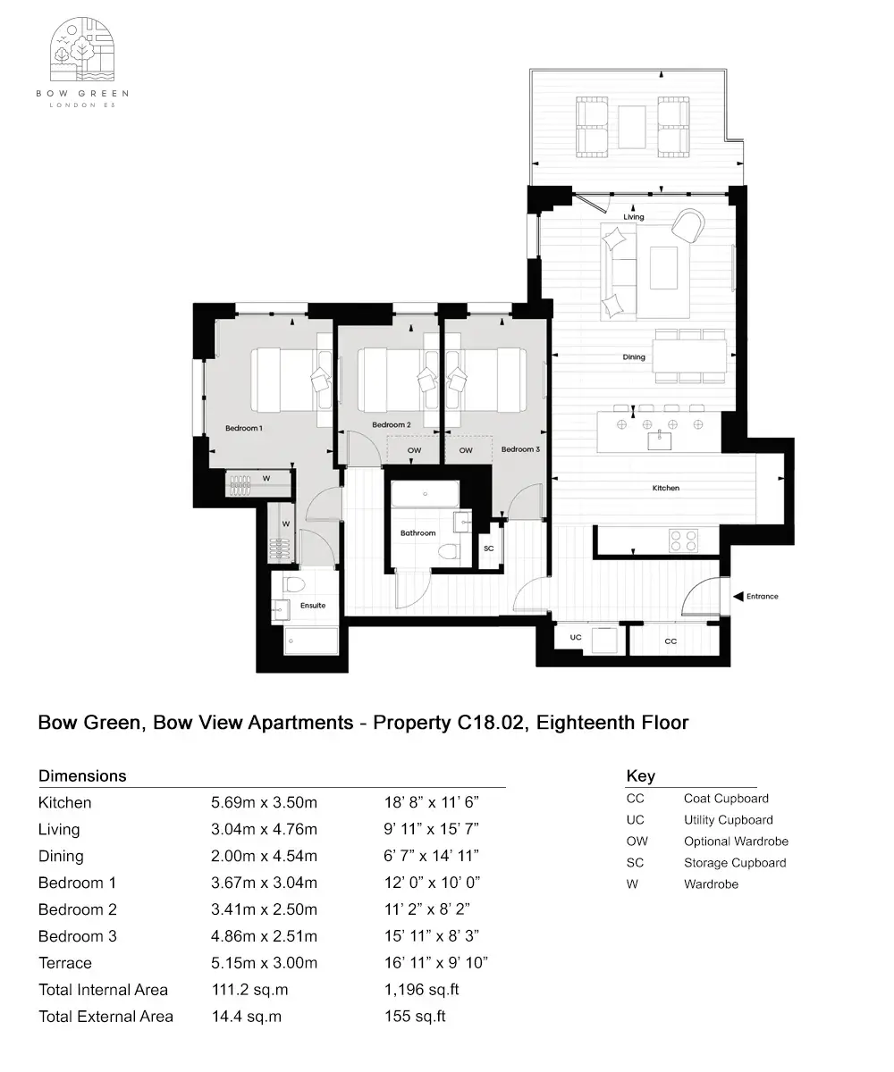Floor plan — 3 Bedroom Apartment For Sale Bow London Bow Green