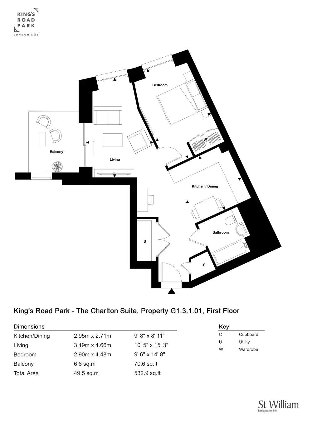 Floor plan — 1 Bedroom Apartments for Sale Fulham London King's Road Park