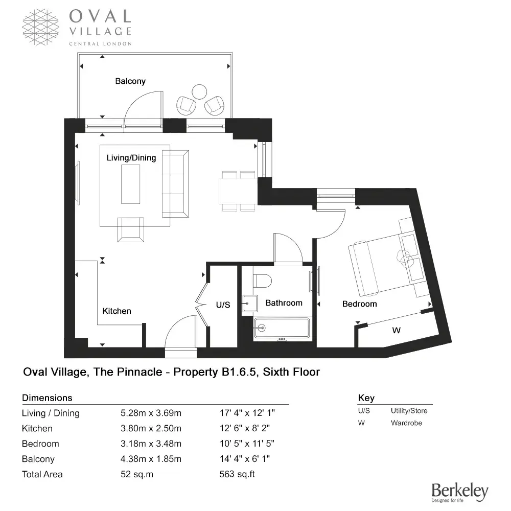 Floor plan — 1 Bedroom Apartments for Sale Oval London Oval Village The Pinnacle