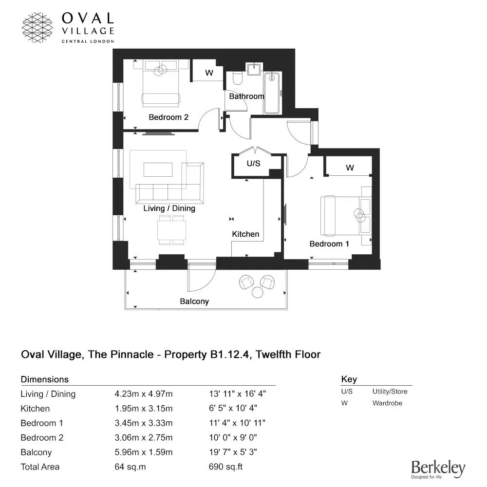 Floor plan — 2 Bedroom Apartments for Sale Oval London Oval Village The Pinnacle