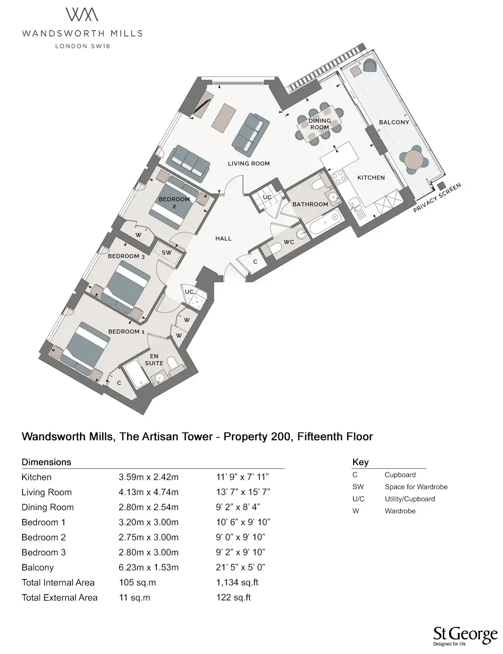 Floor plan — 3 Bedroom Apartments for Sale Wandsworth London Wandsworth Mills