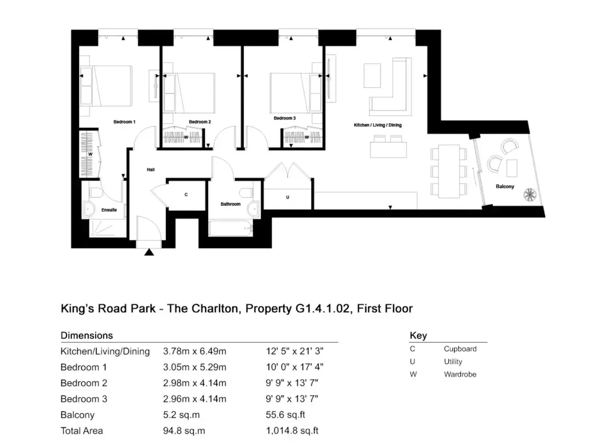 Floor plan — 3 Bedroom Apartments for Sale Fulham London King's Road Park