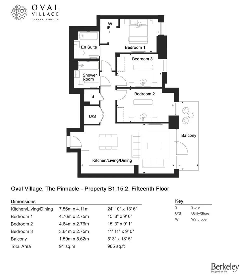 Floor plan — 3 Bedroom Apartments for Sale Oval London Oval Village The Pinnacle