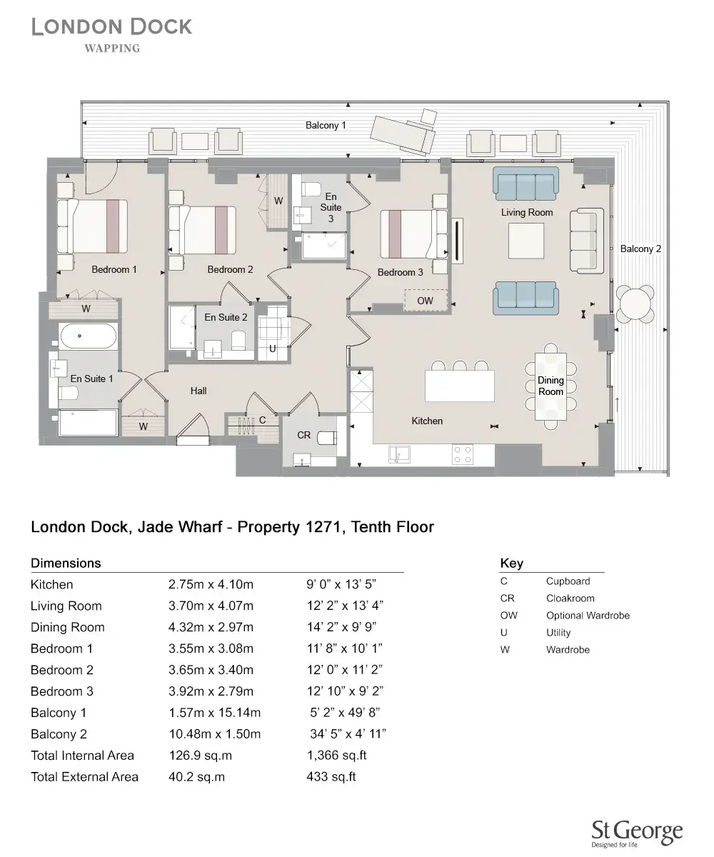 Floor plan — 3 Bedroom Apartments for Sale Wapping London London Dock