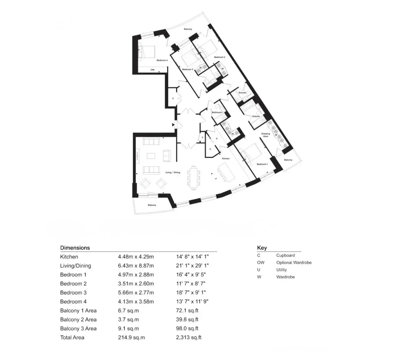 Floor plan — 4 Bedroom Penthouses for Sale Fulham London King's Road Park