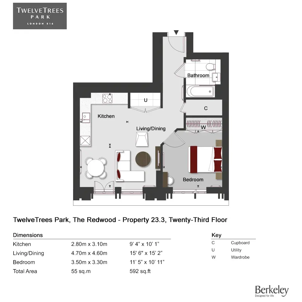 Floor plan — 1 Bedroom Apartment for Sale West Ham London TwelveTrees Park