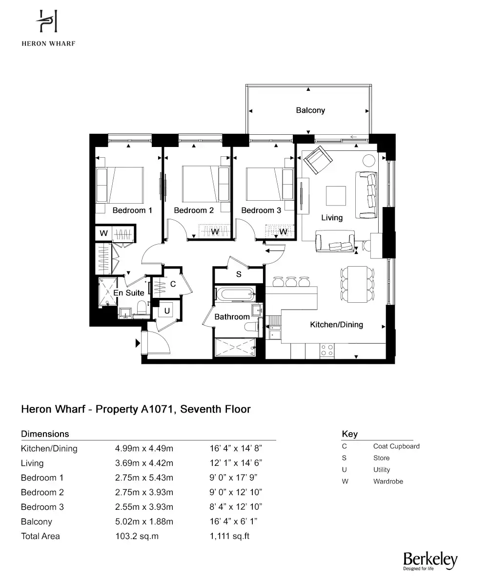 Floor plan — 3 Bedroom Apartment for Sale Poplar London Heron Wharf