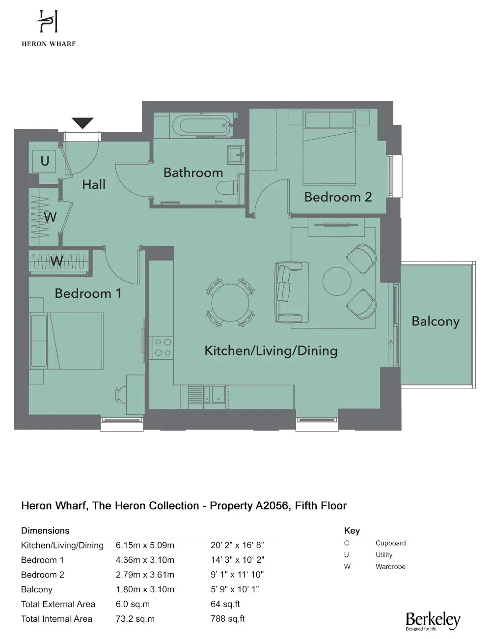 Floor plan — 2 Bedroom Apartment for Sale in Heron Wharf Poplar London