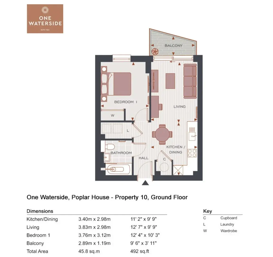 Floor plan — 1 Bedroom Apartment for Sale in Bath One Waterside Riverside