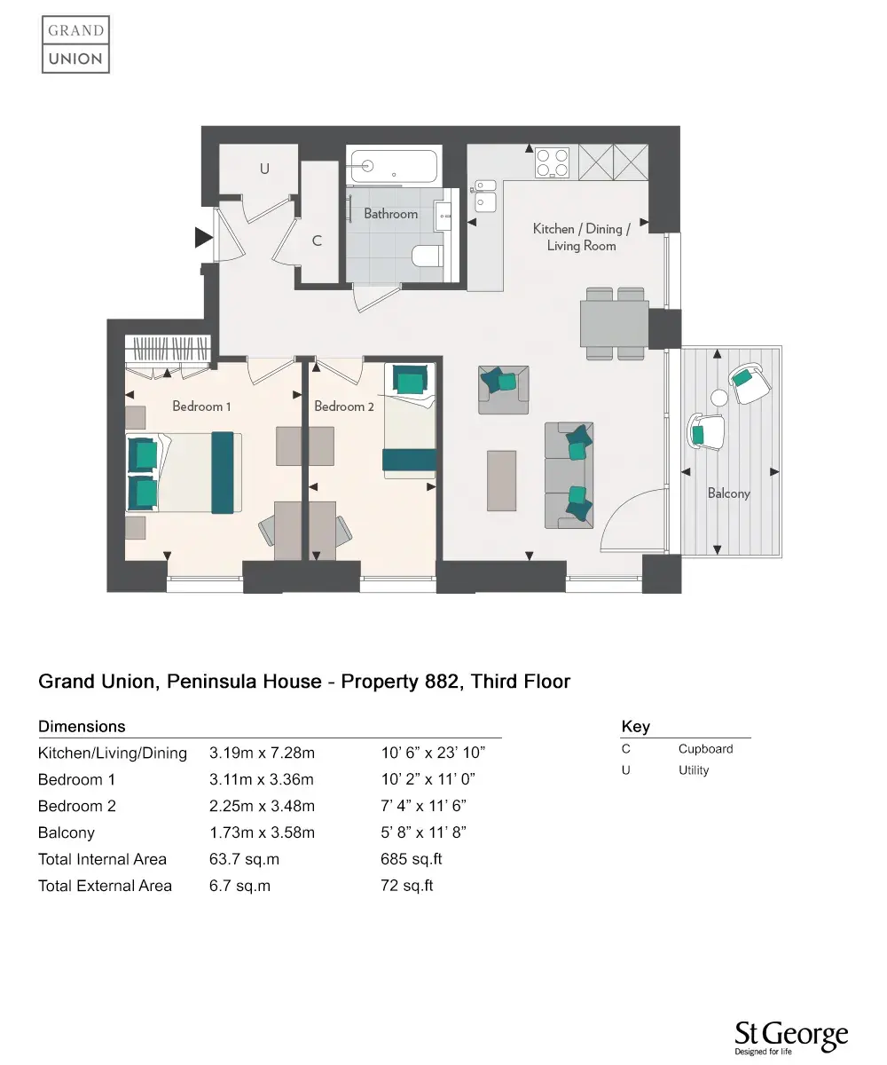 Floor plan — 2 Bedroom Apartment for Sale Wembley London Grand Union