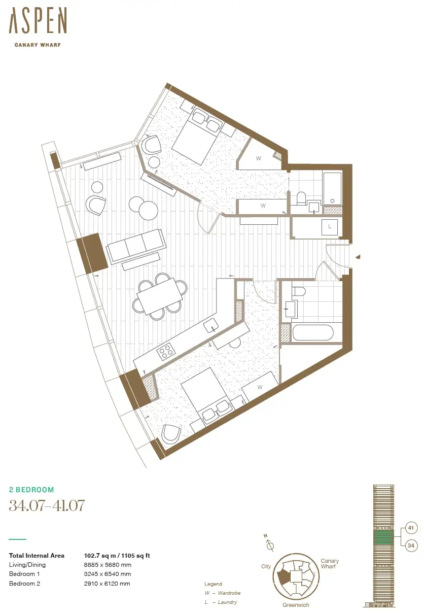 Floor plan — 2 Bedroom Apartment for Sale in Canary Wharf London Aspen