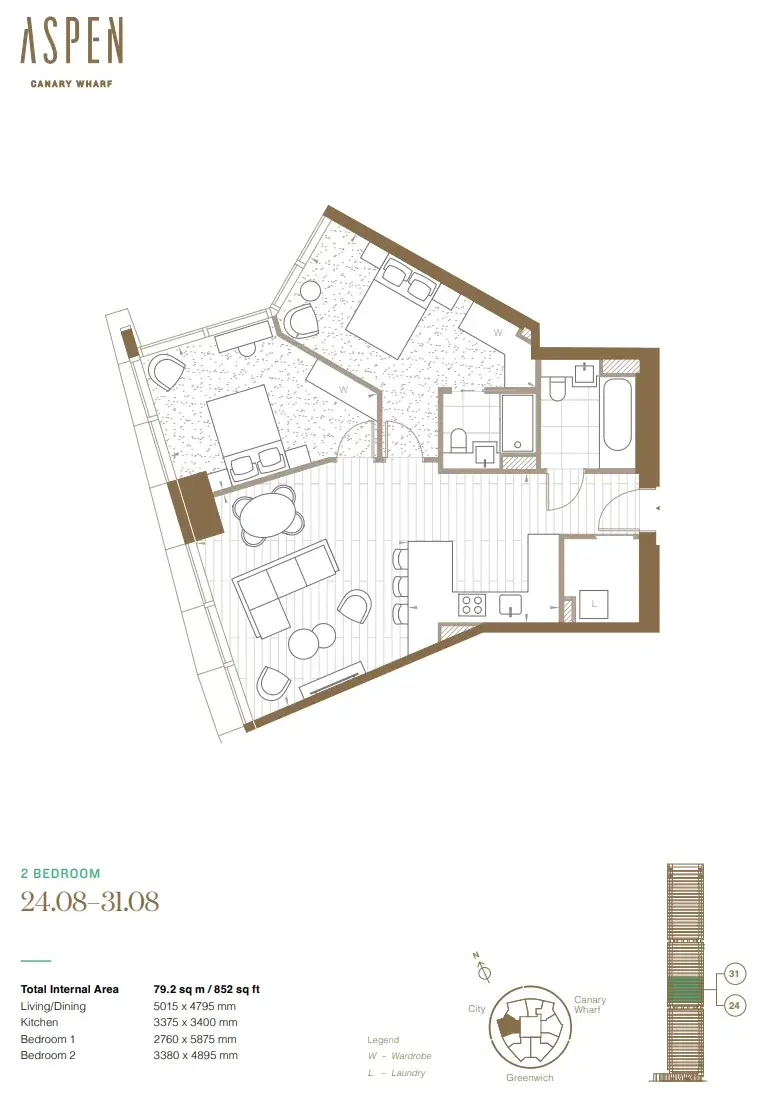 Floor plan — 2 Bedroom Apartment for Sale in Canary Wharf London Aspen