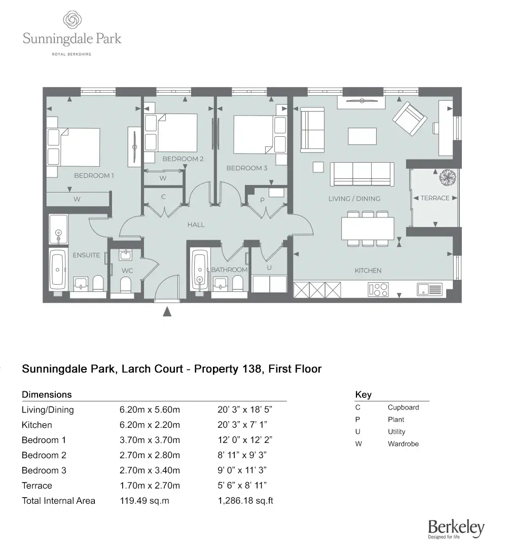Floor plan — 3 Bedroom Apartment for Sale Ascot Berkshire Sunningdale Park