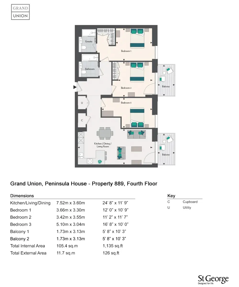 Floor plan — 3 Bedroom Apartment for Sale Wembley London Grand Union