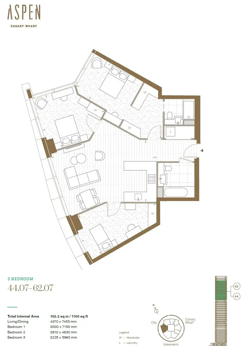Floor plan — 3 Bedroom Apartment for Sale in Canary Wharf Aspen