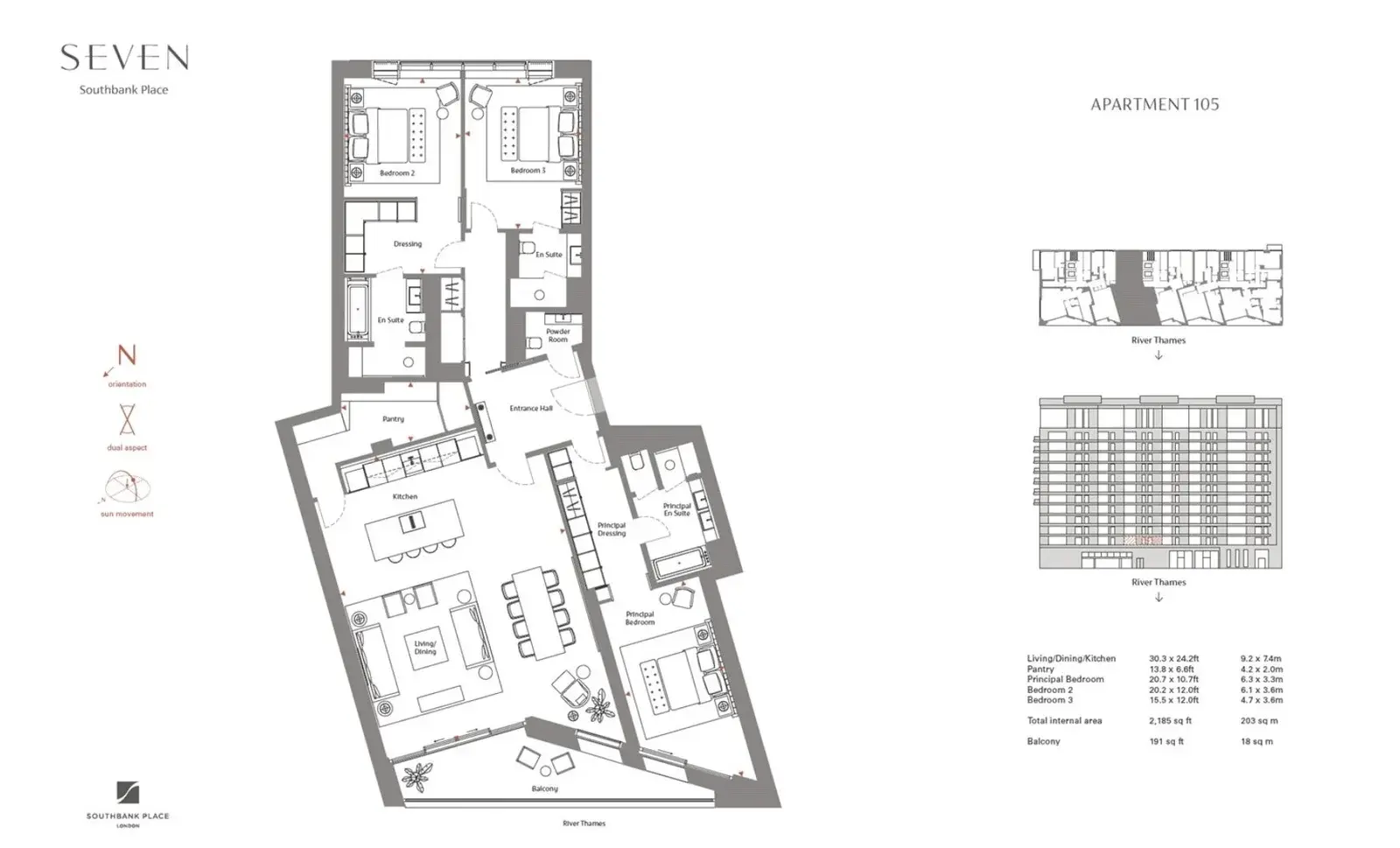 Floor plan — 3 Bedroom Apartment for Sale in Southbank London SEVEN