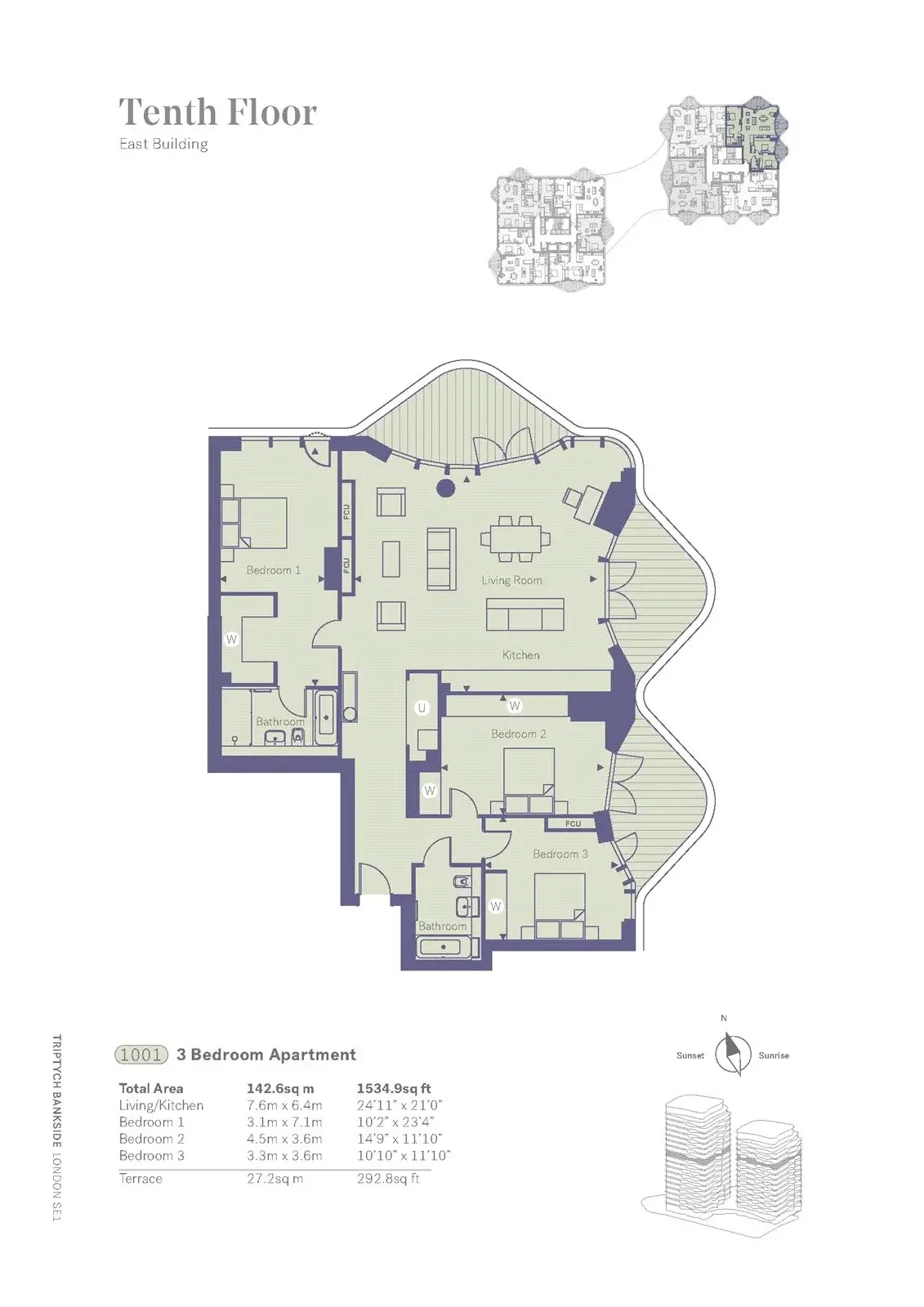 Floor plan — 3 Bedroom Apartment for Sale in Bankside London Triptych SE1