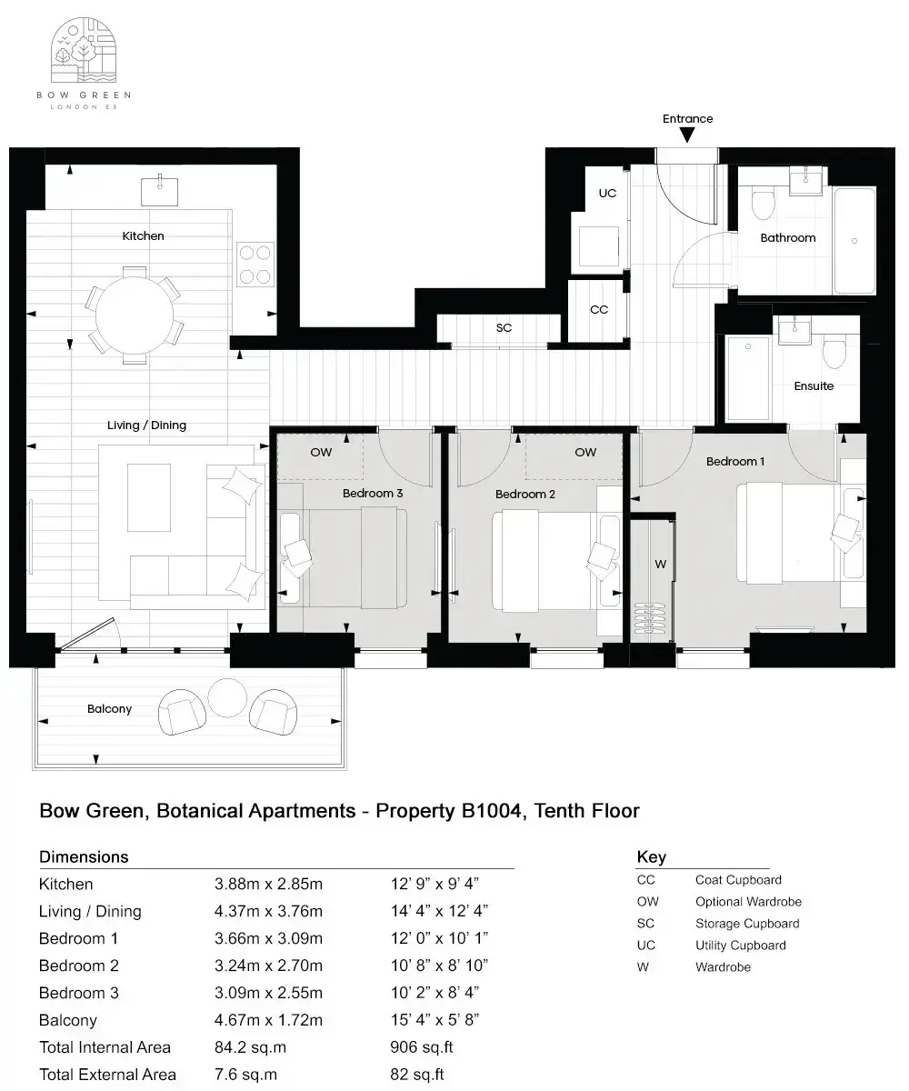 Floor plan — 3 Bedroom Apartment for Sale in Bow Green E3