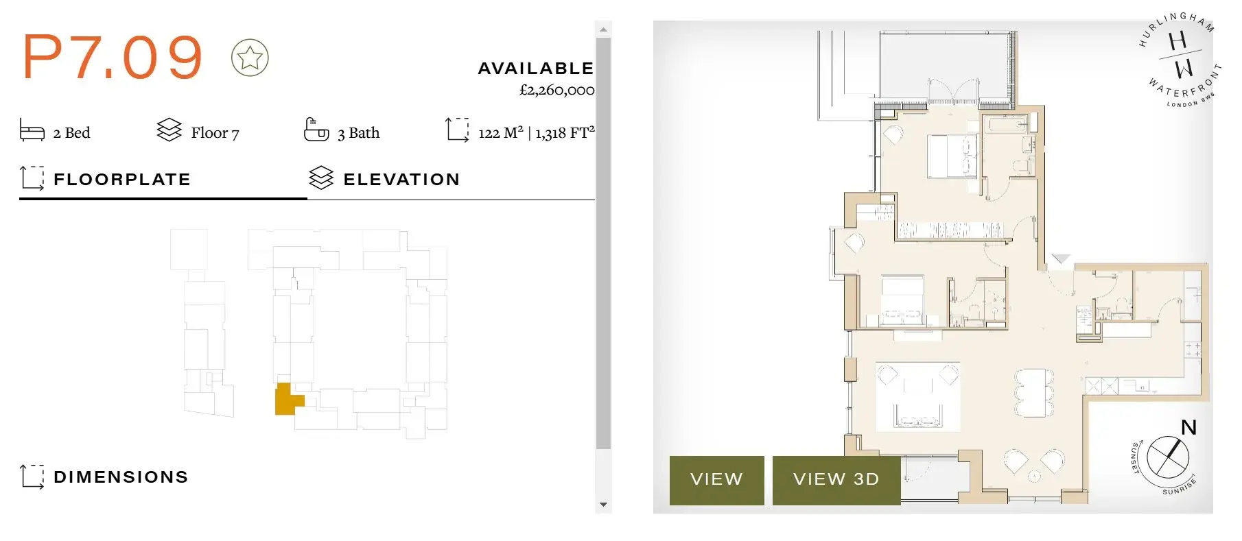 Floor plan — 2 Bedroom Apartment for Sale in Fulham London Hurlingham Waterfront SW6