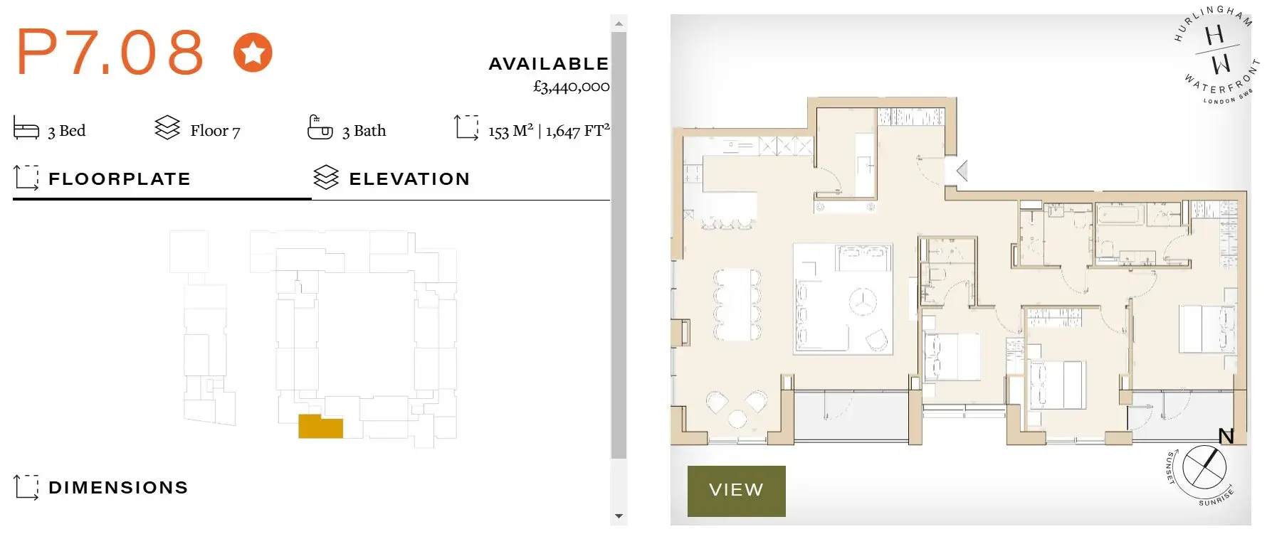 Floor plan — 3 Bedroom Apartment for Sale in Fulham London Hurlingham Waterfront