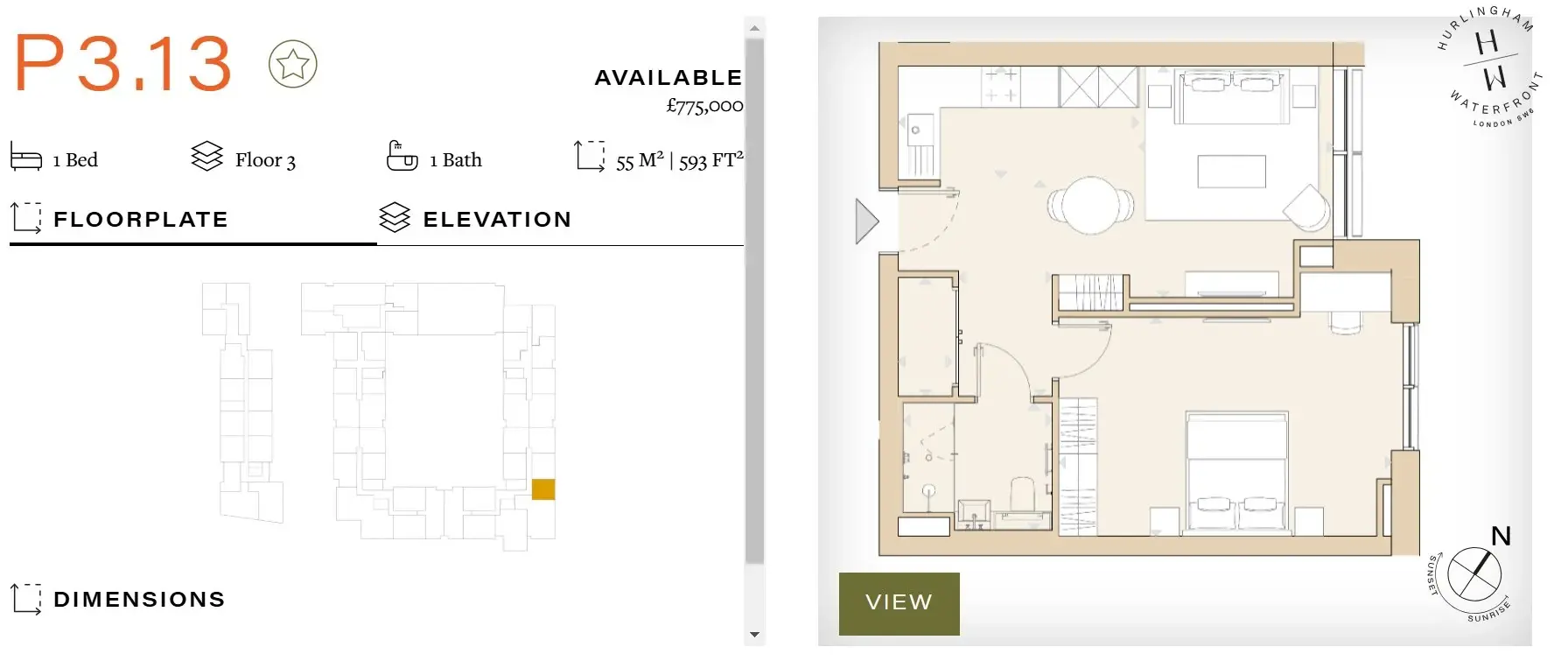 Floor plan — 1 Bedroom Apartment for Sale in Fulham London Hurlingham Waterfront