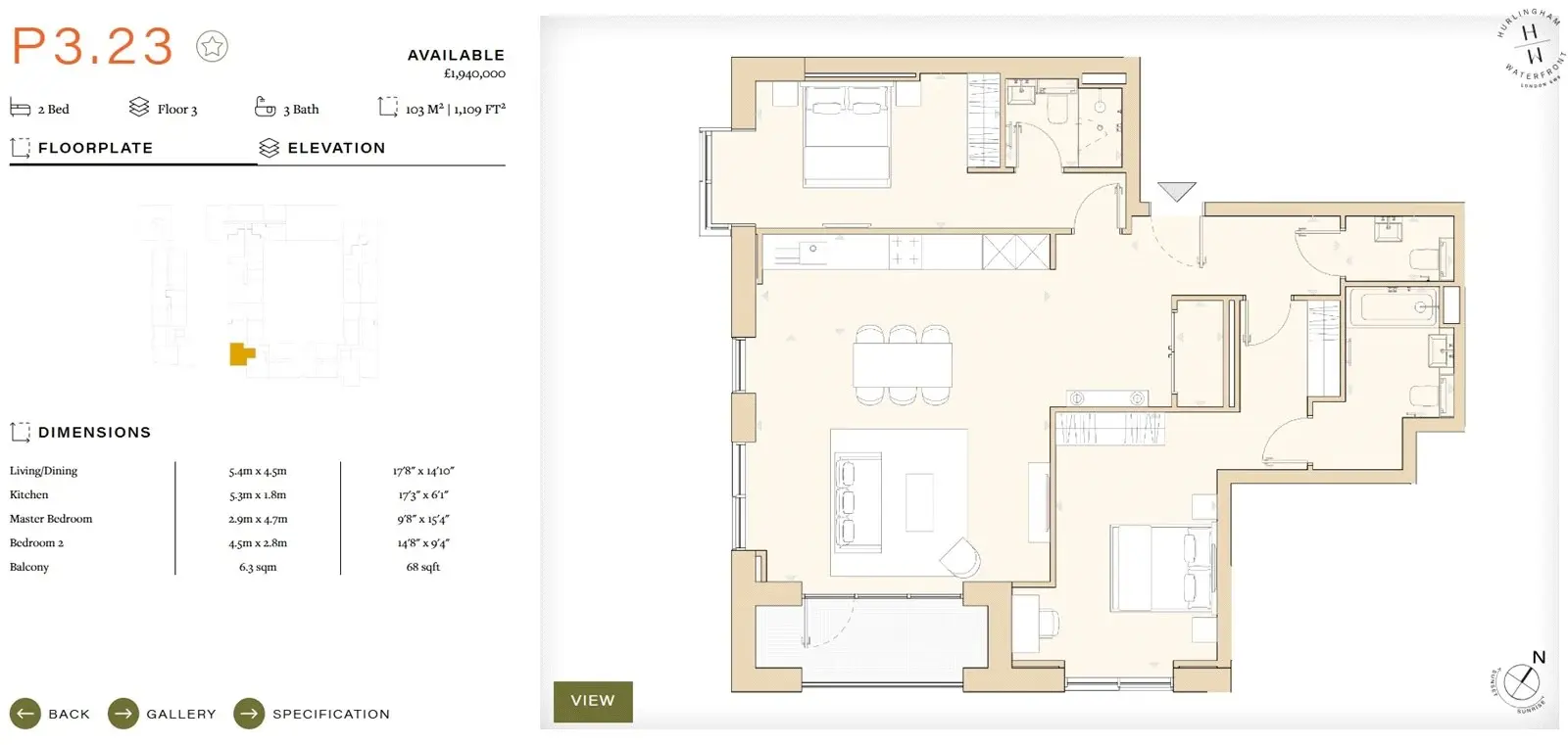 Floor plan — 2 Bedroom Apartment for Sale in Fulham London Hurlingham Waterfront