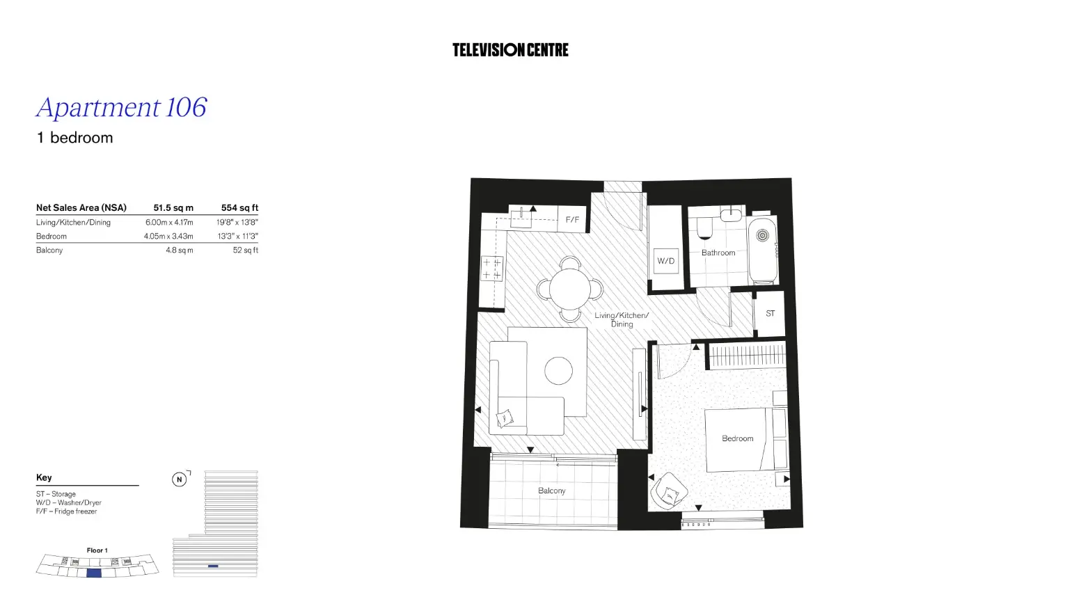 Floor plan — 1 Bedroom Apartment for Sale in White City Television Centre