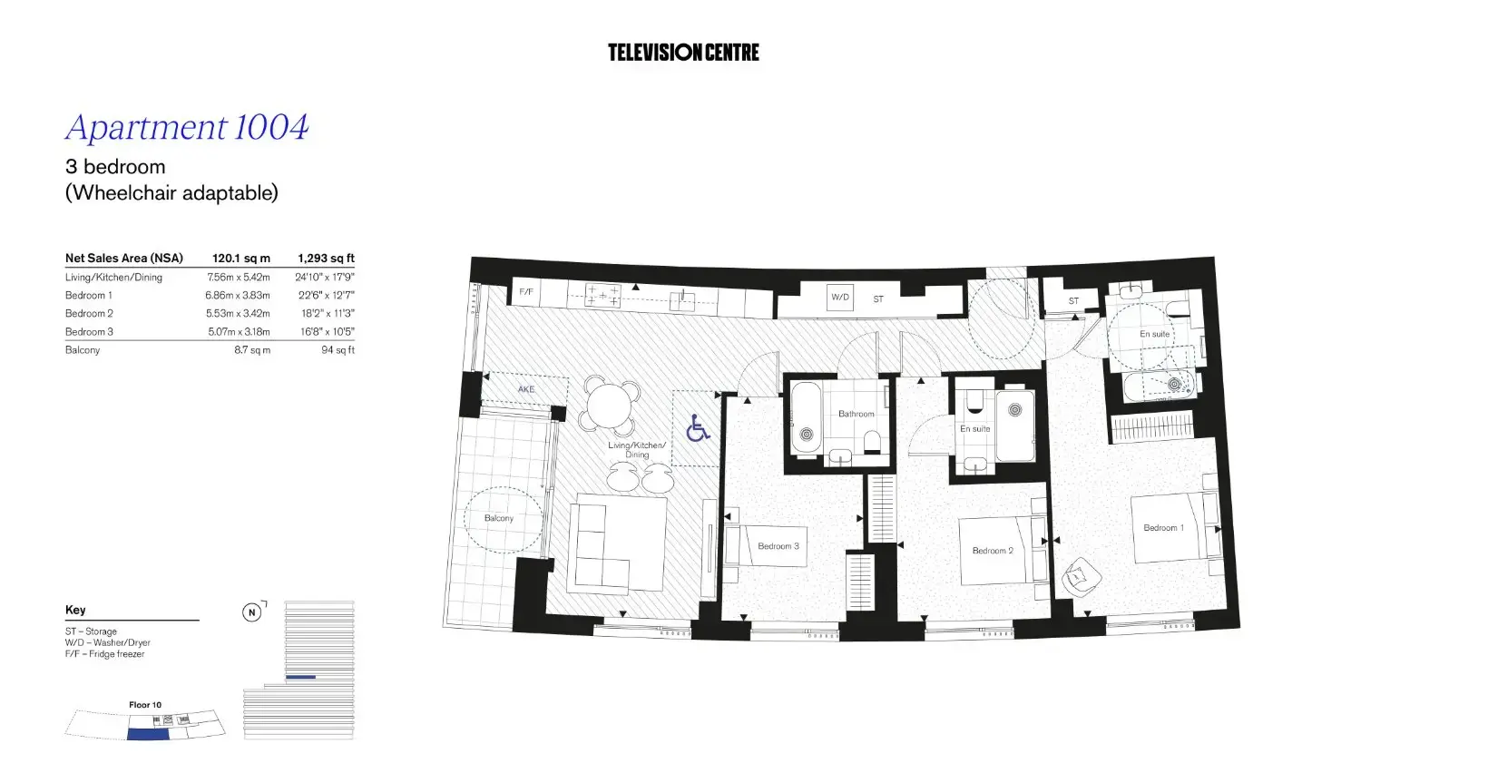 Floor plan — 3 Bedroom Apartment for Sale in White City Television Centre