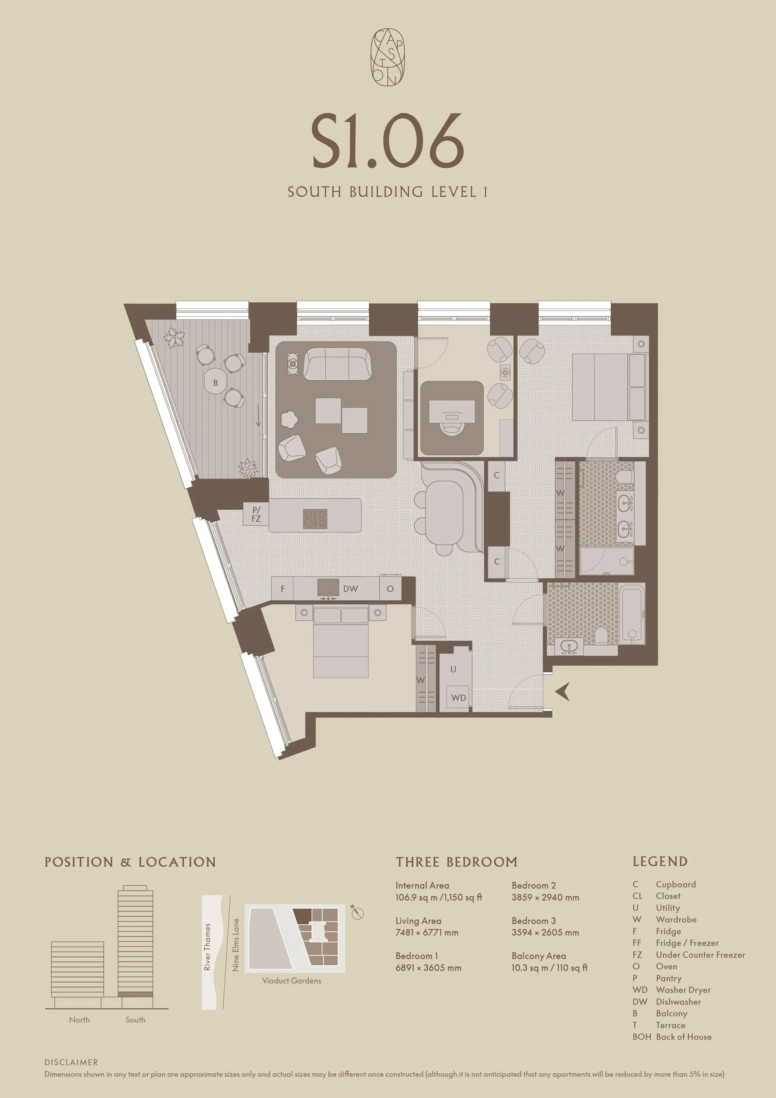 Floor plan — 3 Bedroom Apartment for Sale in Nine Elms Embassy Gardens