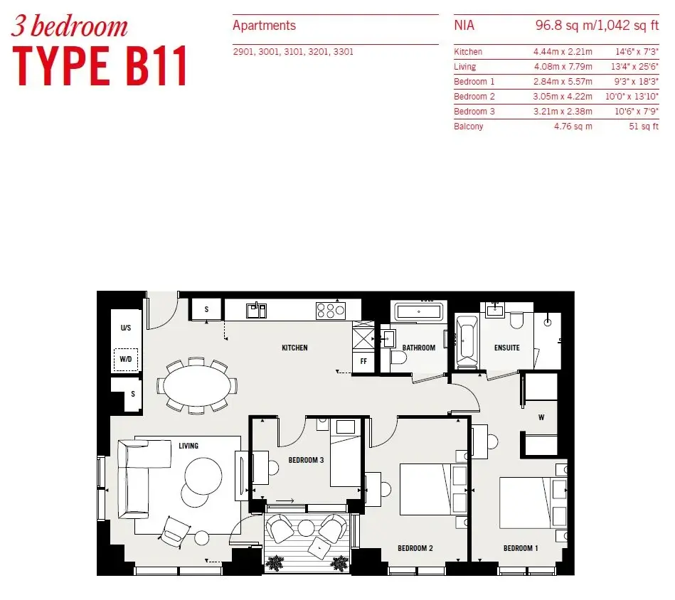 Floor plan — 3 Bedroom Apartment for Sale in Canada Water The Founding