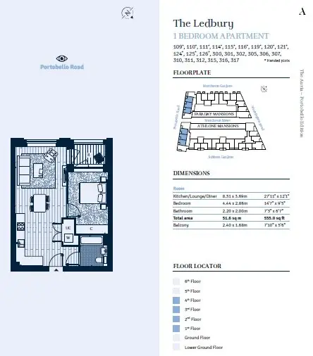 Floor plan — 1 Bedroom Apartment for Sale in Notting Hill London Portobello Square