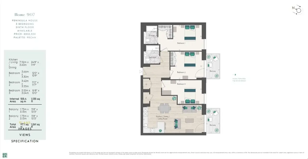 Floor plan — 3 Bedroom Apartment for Sale in Wembley at Grand Union