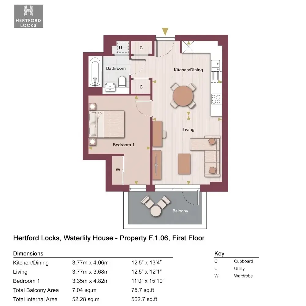 Floor plan — 1 Bedroom Apartment for Sale in Hertford at Hertford Locks