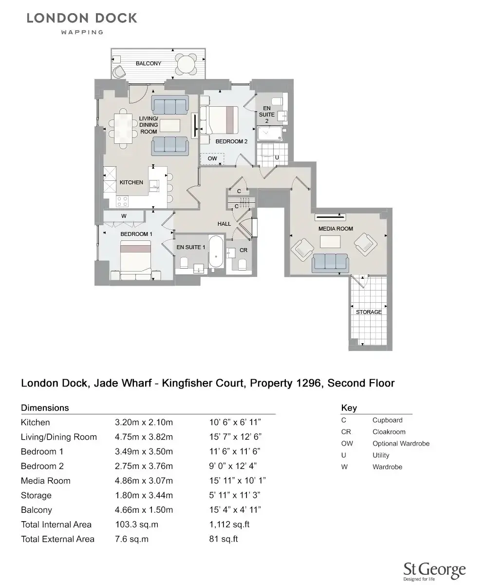 Floor plan — 2 Bedroom Apartment for Sale in Wapping at London Dock E1W