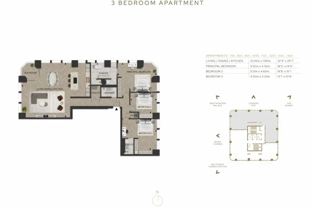 Floor plan — 3 Bedroom Penthouse for Sale in Albert Embankment Westminster Tower