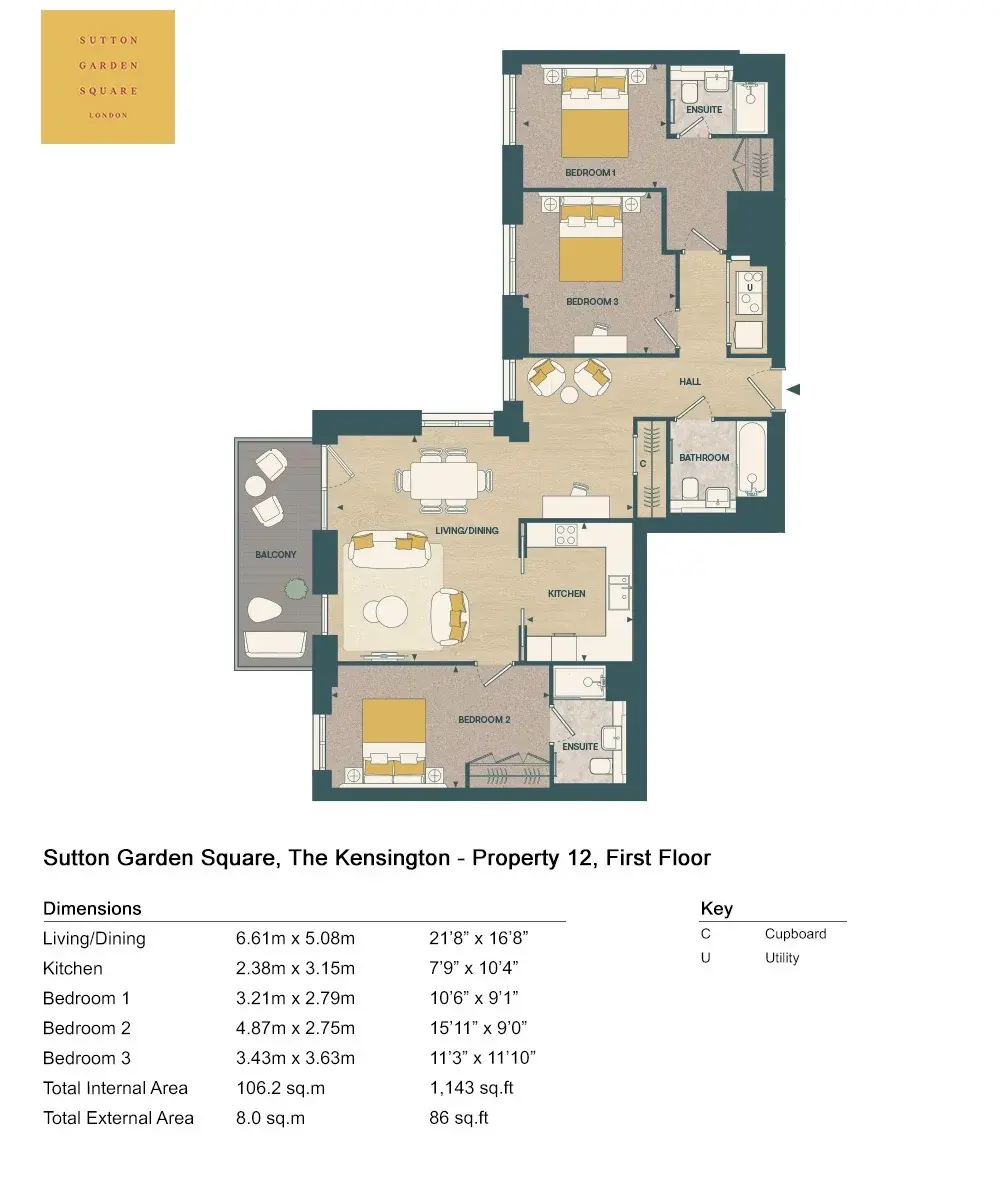 Floor plan — 3 Bedroom Apartment for Sale in Sutton Garden Square