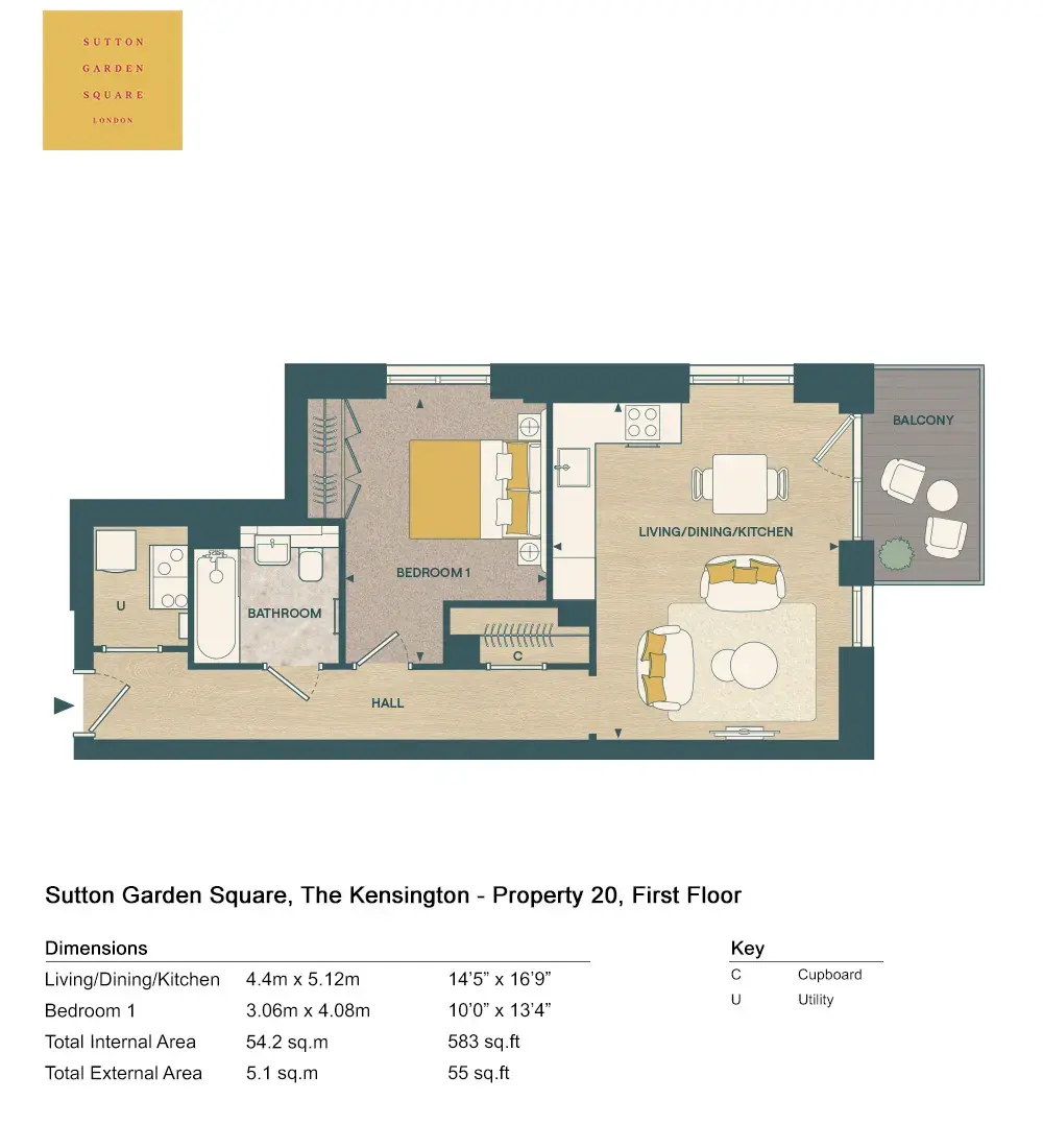 Floor plan — 1 Bedroom Apartment for Sale in Sutton Garden Square